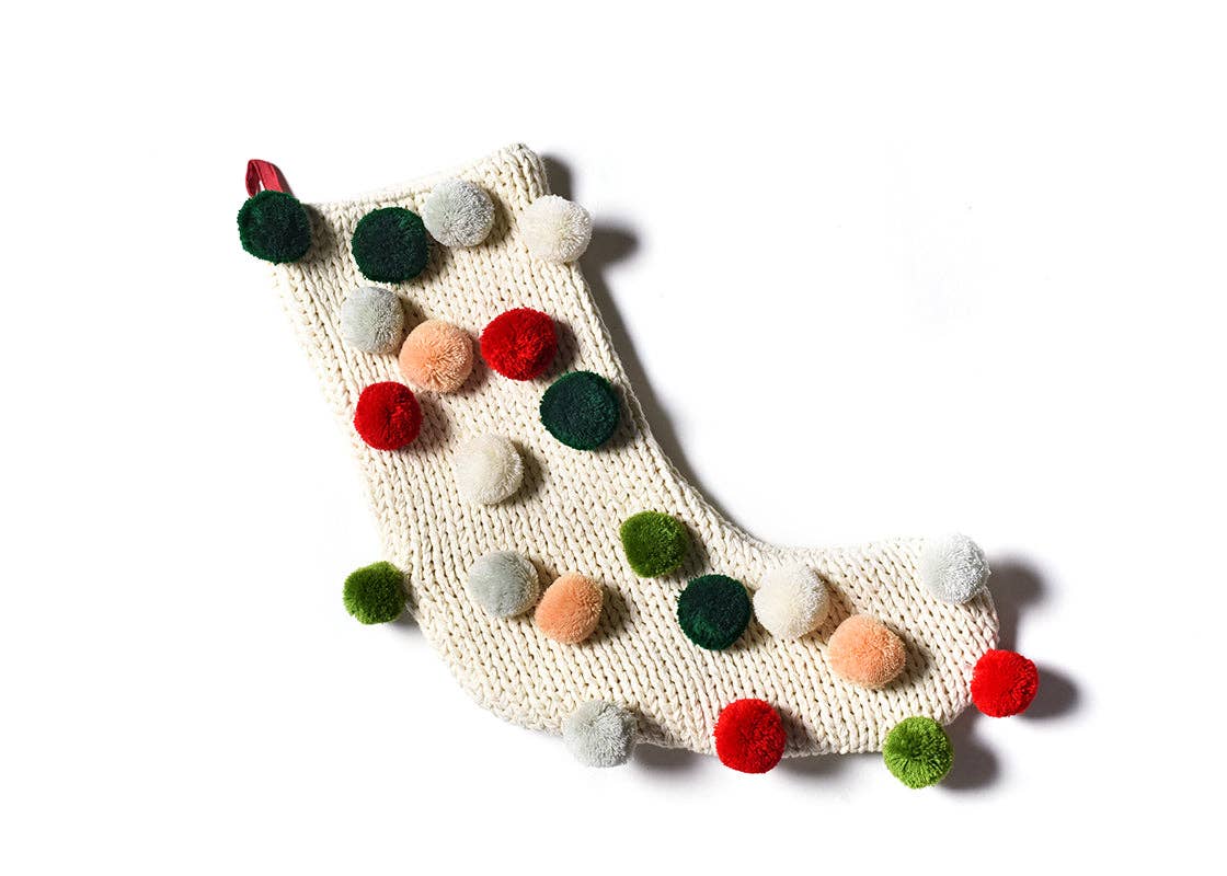 Coton Colors - Wholesale Holiday Stocking - Ecru Knit Stocking with Pom Poms