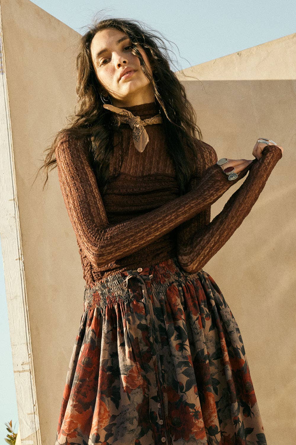 Promesa USA - Wholesale Bodysuit - Women's - Striped Floral Lace Ruched Mock-Neck Bodysuit2