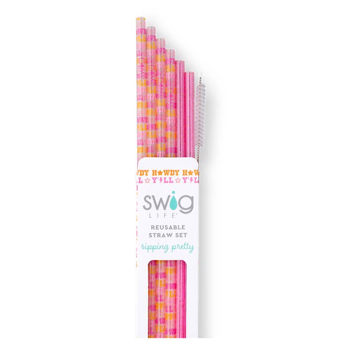Howdy Y'all + Pink Glitter Reusable Straw Set for wholesale by Swig Life