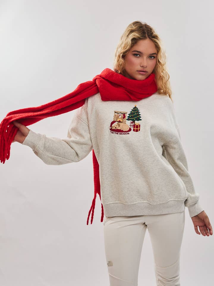 LT H GREY "TIS THE SEASON" GRAPHIC EMBO CREW NECK OVERSIZED SWEATSHIRT for wholesale on Faire0