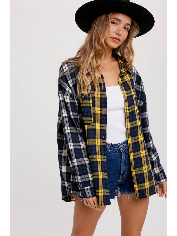 Bluivy - Wholesale Button Down Shirt - Women's - OVERSIZED COLOR BLOCK FLANNEL SHIRT