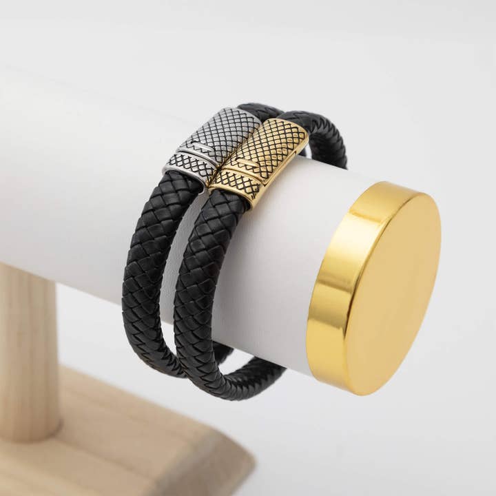 WJW - Wholesale Jewellery – Men's - 18K Gold Stainless Steel Leather Metal Clasp Mens Bracelet1