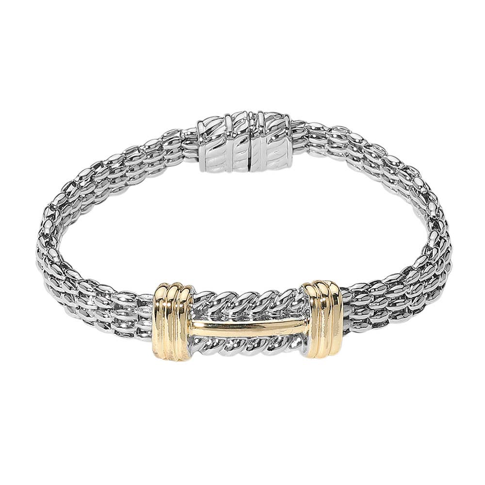 Sensibling Corp. – wholesale Link & chain bracelet – 14K Gold Plated Two Tone Center Bar Accent Woven Chain Magnetic Bracelet1
