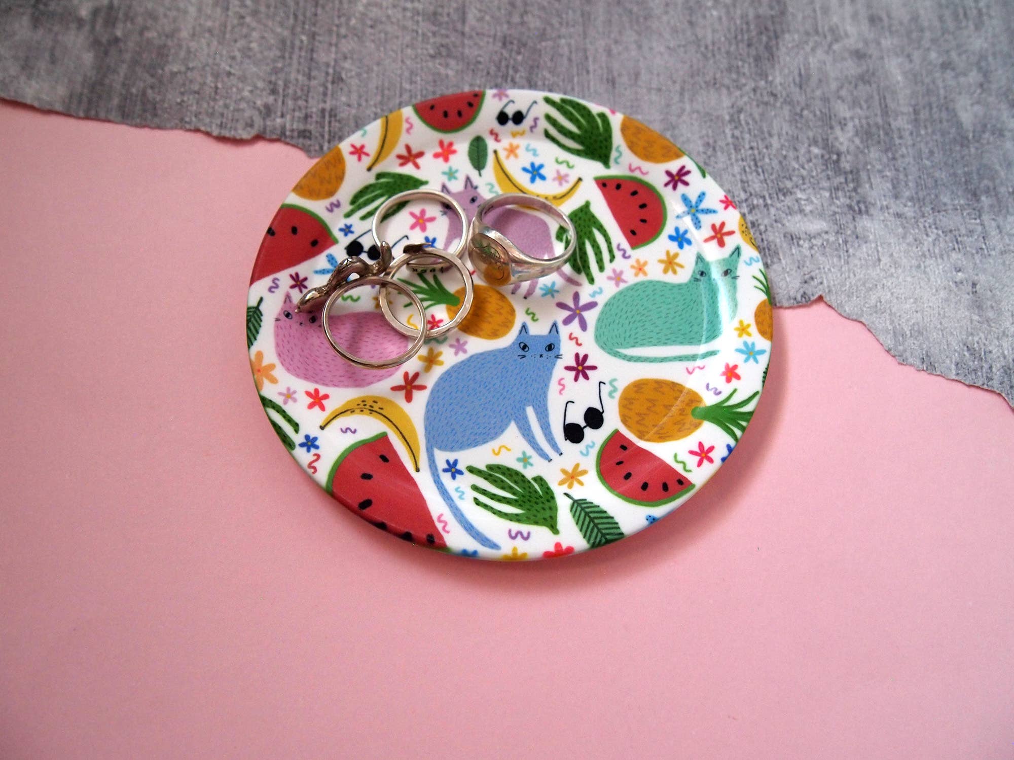 I LIKE CATS – Engroshandel Smykkeskål – Katte og frugter illustreret ringskål, bordskåner, smykkebakke3