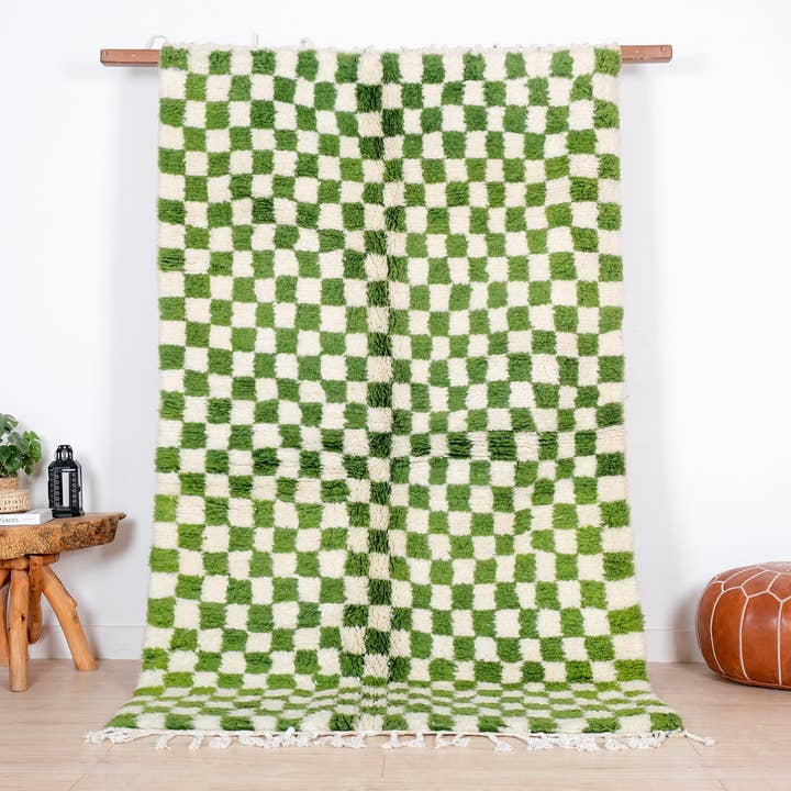Moroccan Woven Treasures - Wholesale Area Rug - Green Checkered rug, Green Shag rug, Large Checkered rug