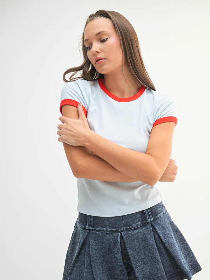 Mono B - Wholesale T-Shirt - Women's - Micro-Ribbed Contrast Trim Fitted Baby Tee
