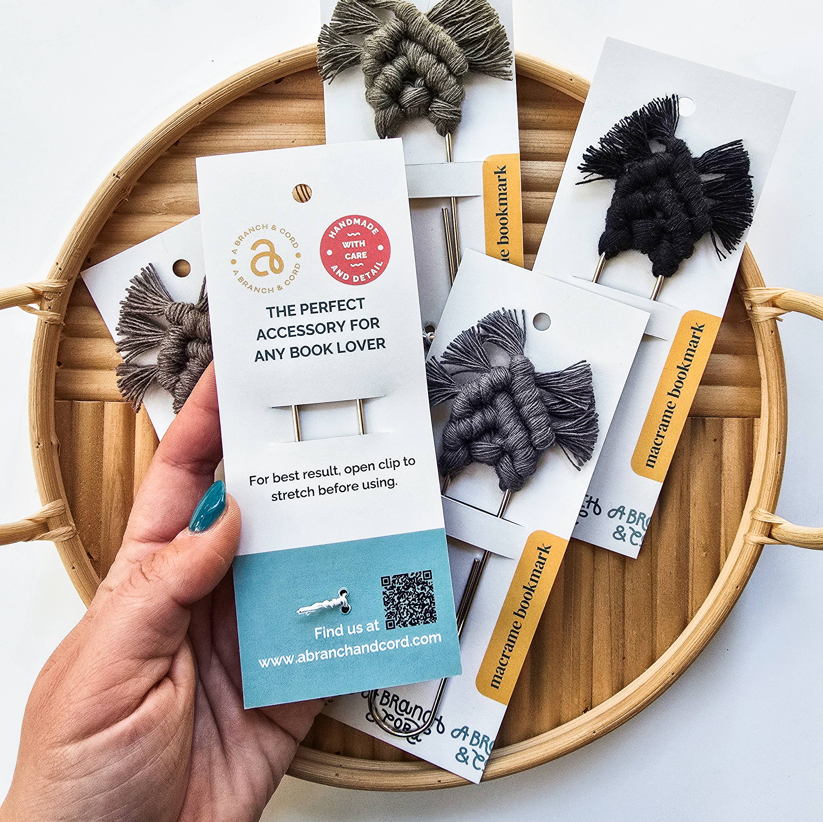 A Branch & Cord - Wholesale Bookmark - Set of 5 Neutral Macrame Bookmarks – Handmade Boho Clip2