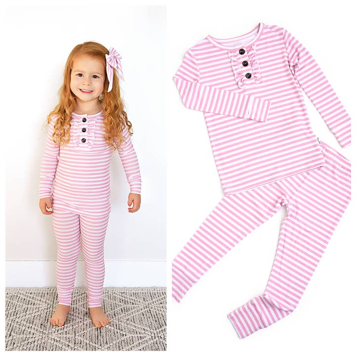 Conjunto de descanso para niñas de bambú con volantes y costillas en rosa Lana de dos piezas. para venta al por mayor de Gigi and Max