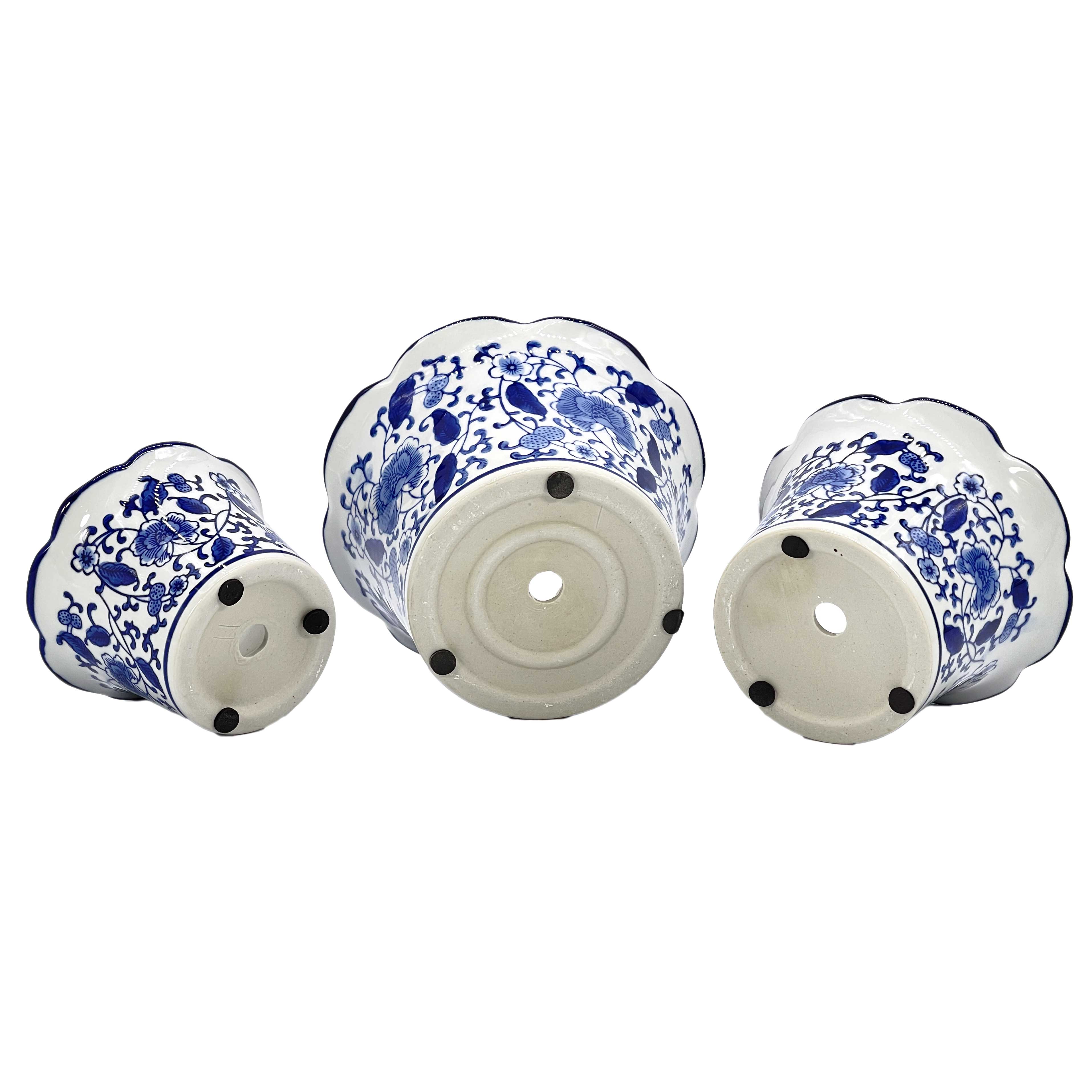 Galt International Company – wholesale Plant pot – Set of 3 Blue & White Floral Ceramic Pots Ruffled Lip Style214