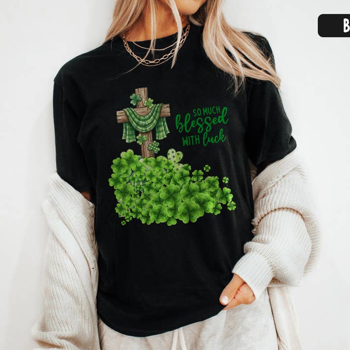 Blessed With Luck Clover Cross Graphic Tee Green Art Shirt for wholesale by Vivtrek