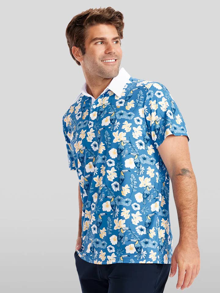 Tipsy Elves - Wholesale Polo - Men's - Blue Botanics Men's Golf Shirt - Tropical Floral Golf Polo