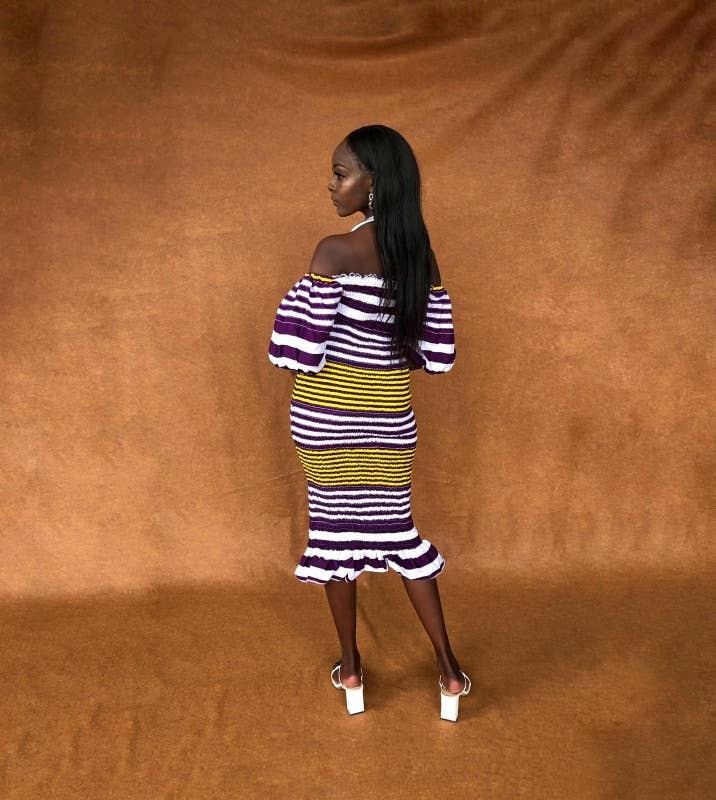 Besida - Wholesale Dress - Women's - Angelonia Striped Smocked Women's Midi Length Dress4