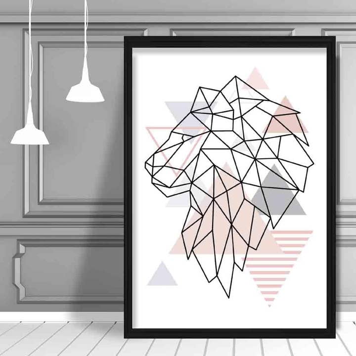 Lion Head Looking Left Abstract Geometric Scandinavian Blush Pink Poster for wholesale by Artze Wall Art