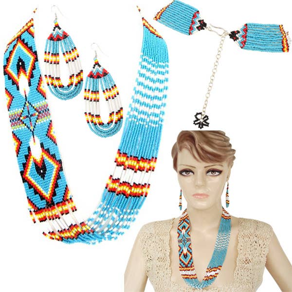 BEADS CORNER - Wholesale Beaded/Pearl Necklace - Handmade Beaded Turquoise Blue Feather Design Layered Set3