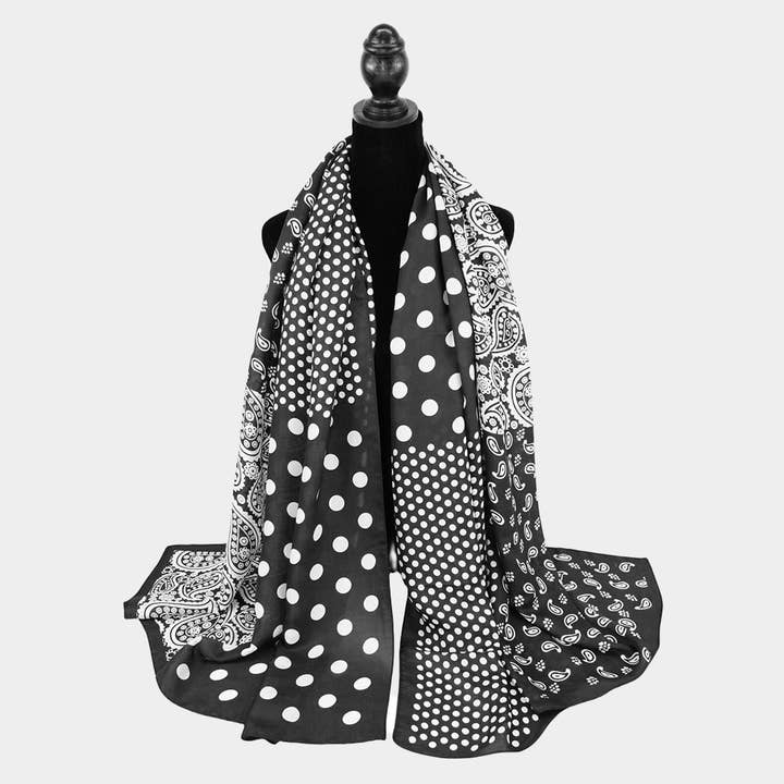 Polka Dot Paisley Printed Oblong Silky Satin Scarf Shawl for wholesale by Sensibling Corp.