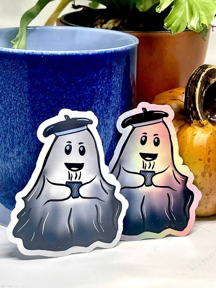 ASH THE GHOST Stickers, Ghost Sticker, Coffee Drinking Ghost, Vinyl Sticker for Water Bottle, Gifts for Friends, Halloween Stickers for wholesale by Saturnalia Design Lab