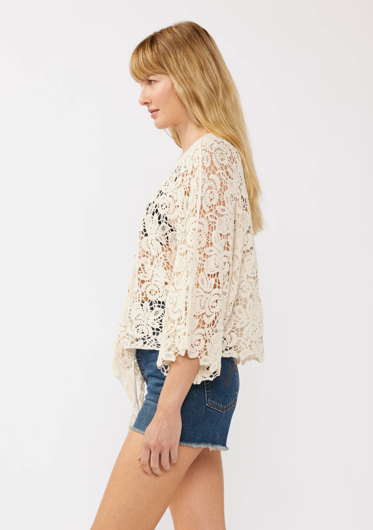 Natural Floral Tie-Front Crochet Kimono for wholesale on Faire1