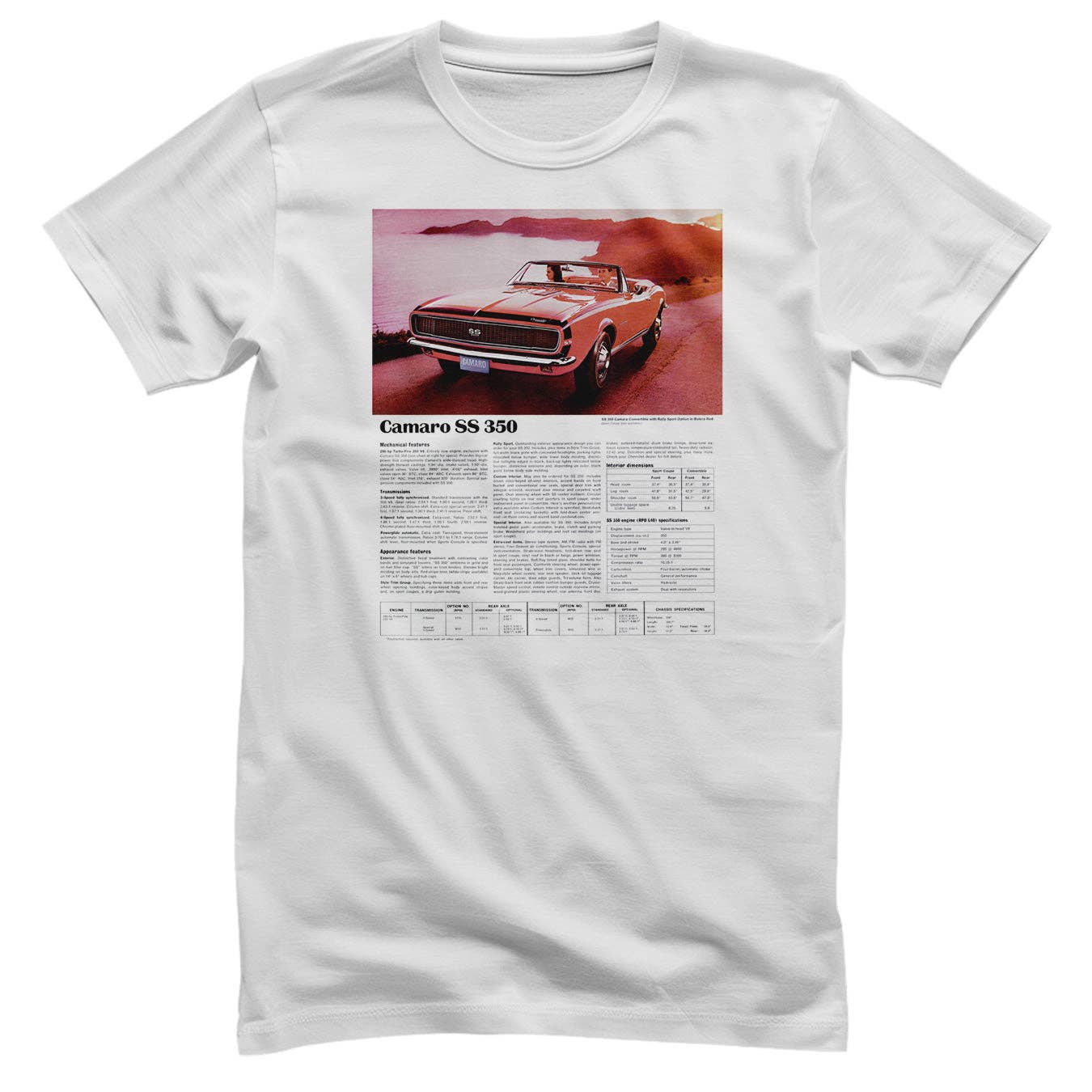 White Camaro SS350 Spec Sheet T-Shirt for wholesale on Faire0