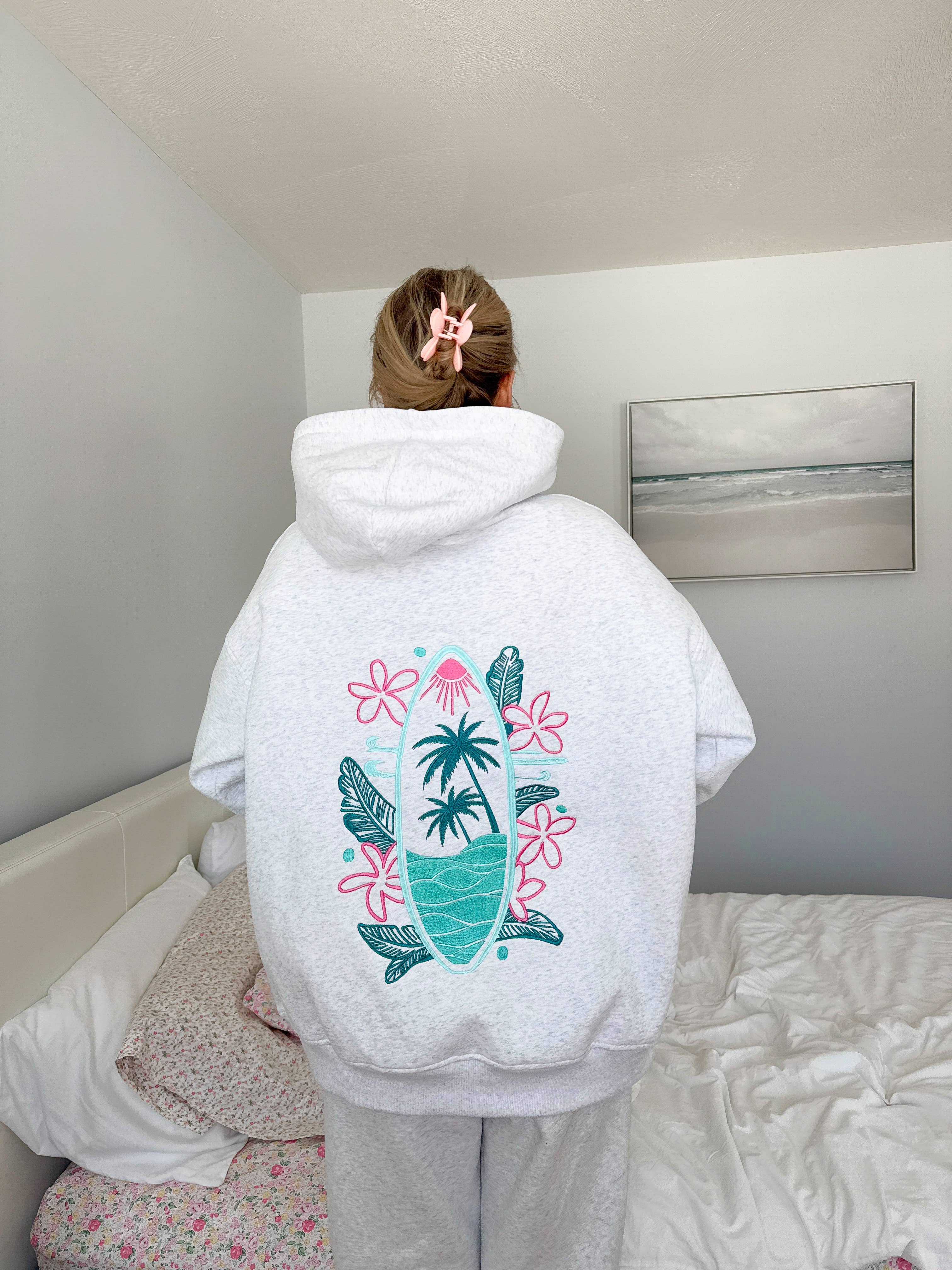 Pearl Grey Surfing The Waves Embroider Hoodie for wholesale on Faire10
