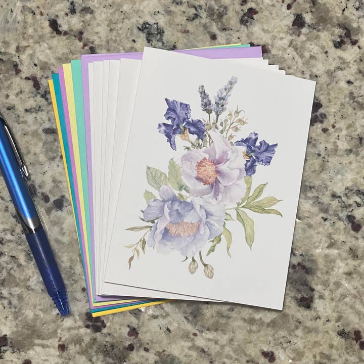 Iris and Peony Note Cards (Set of 12) for wholesale by Mississippi Mae Monograms