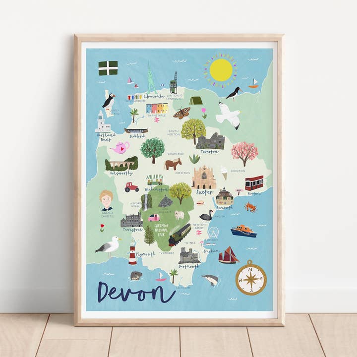 Impression artistique de carte illustrée de Devon pour la vente par Sarah Frances