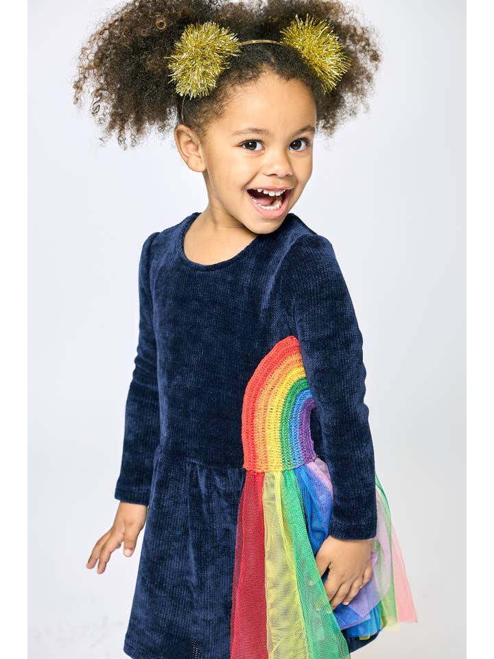 NAVY L/S SWEATER DRESS W/ RAINBOW TRIM DETAIL for wholesale on Faire