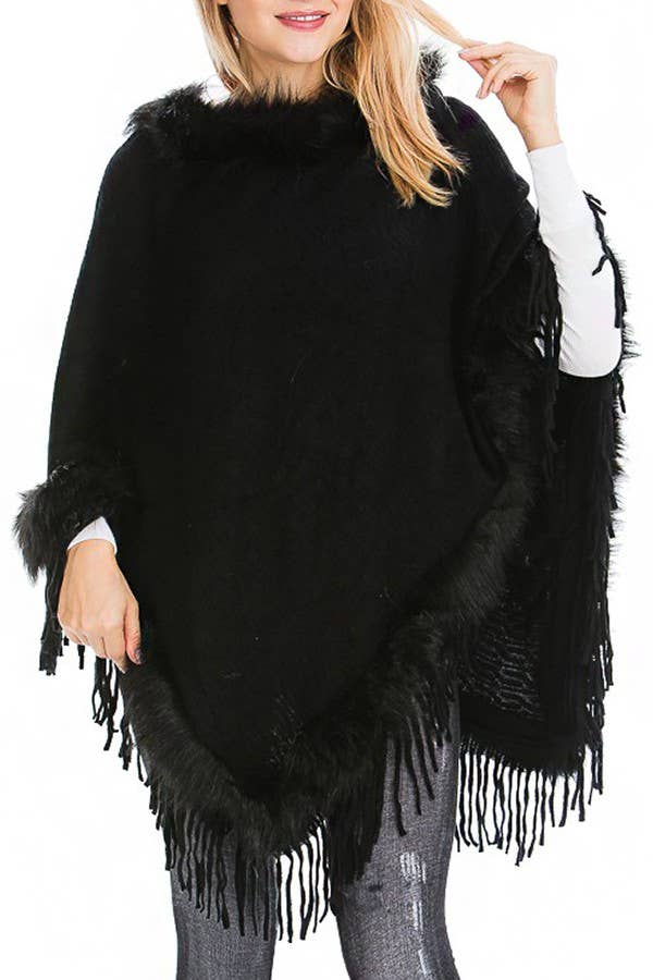 Cap Zone – wholesale Poncho – Women's – Faux Fur Lined Fringe Trim Pullover Poncho1