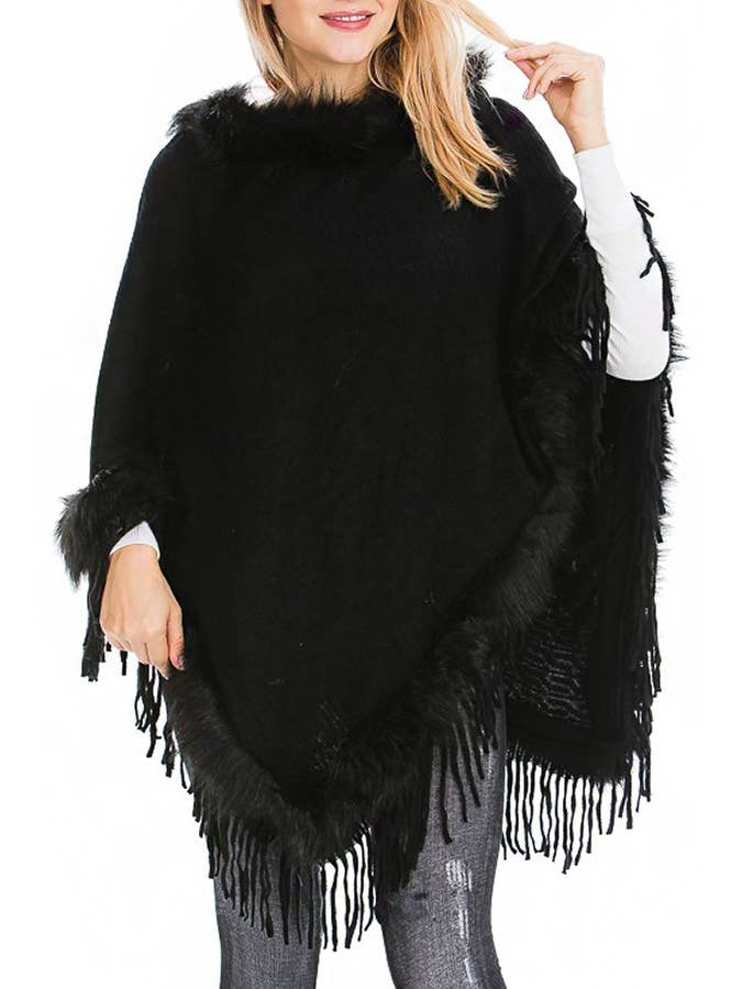 Cap Zone – wholesale Poncho – Women's – Faux Fur Lined Fringe Trim Pullover Poncho1