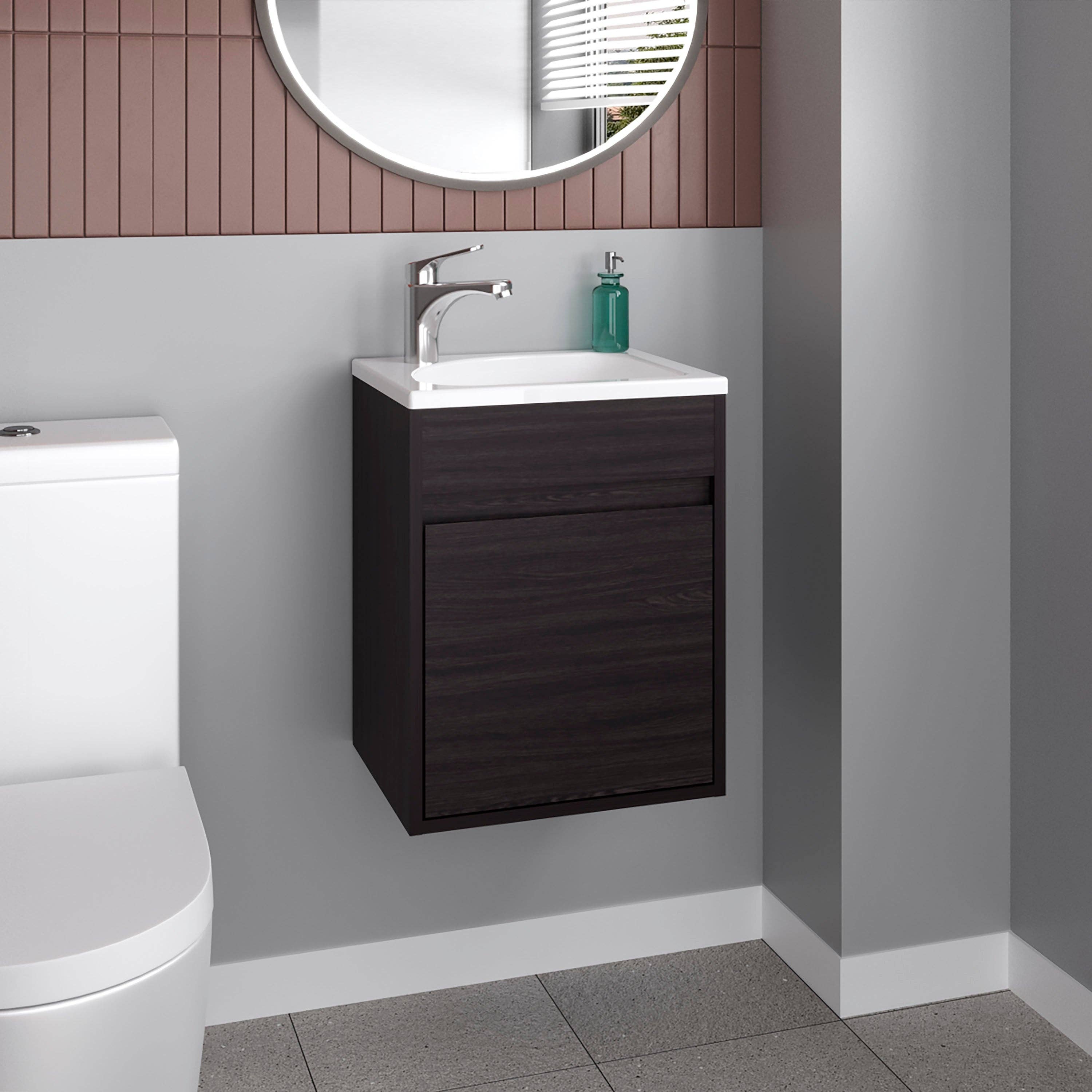 Black Furman Bathroom Vanity With Single Door And Open Shelf, Compact Freestanding Sink Base Cabinet for wholesale on Faire0