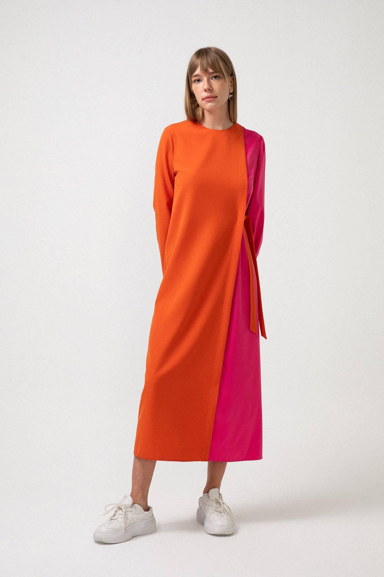 Orange COLORBLOCK SIDE-TIE LONG SLEEVE MAXI DRESS for wholesale on Faire9