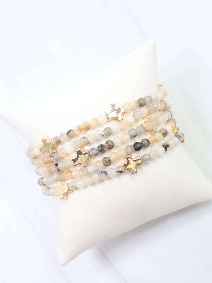 Flint Beaded Cross Stretch Bracelet Set Natural for wholesale by Caroline Hill