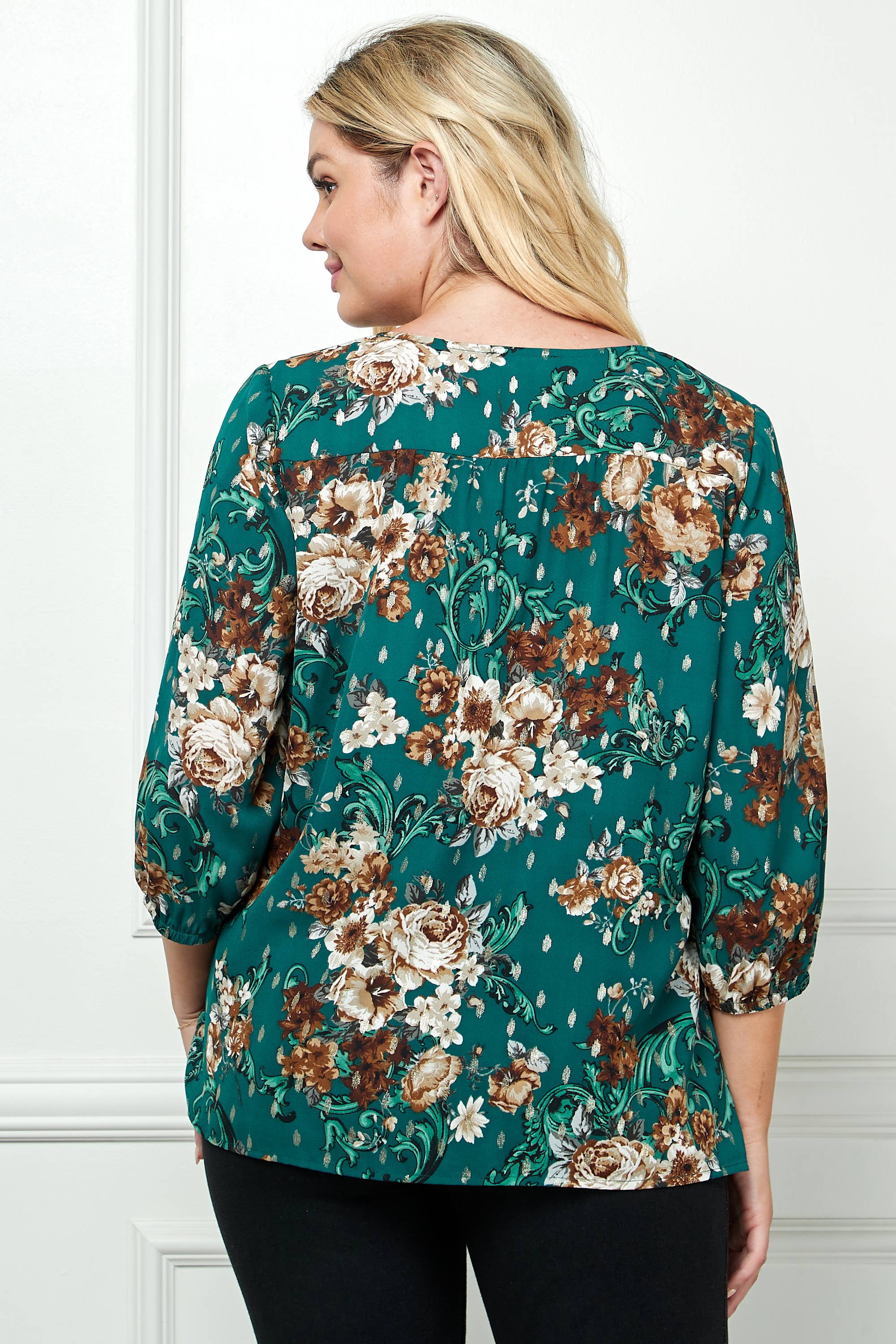 GREEN RPE PLUS STORLEK ELASTISK ÄRM TRIM HALS FRÄMRE BLUS G216777N38X för wholesale på Faire6