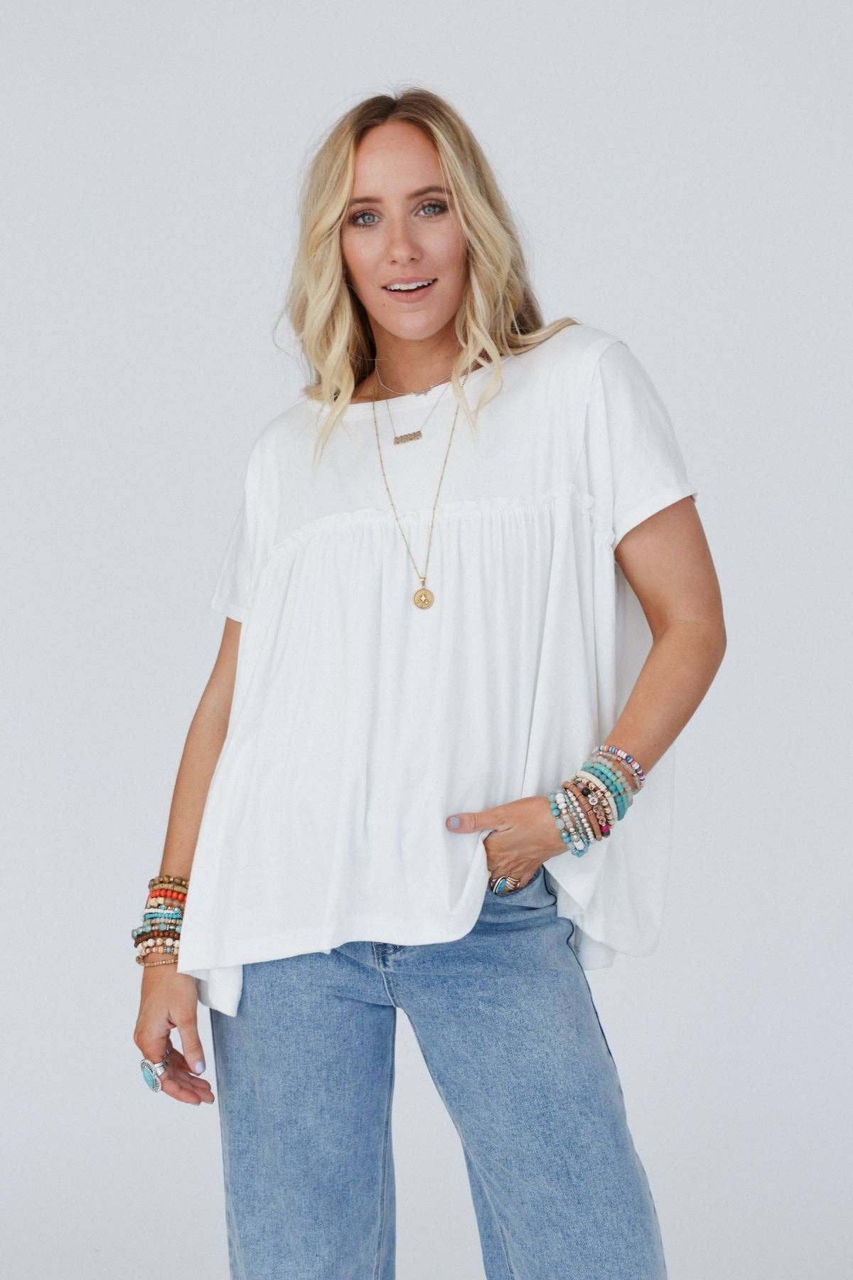 Three Bird Nest - Vente Chemisier – femme - Top Sunday Morning Babydoll - Blanc0