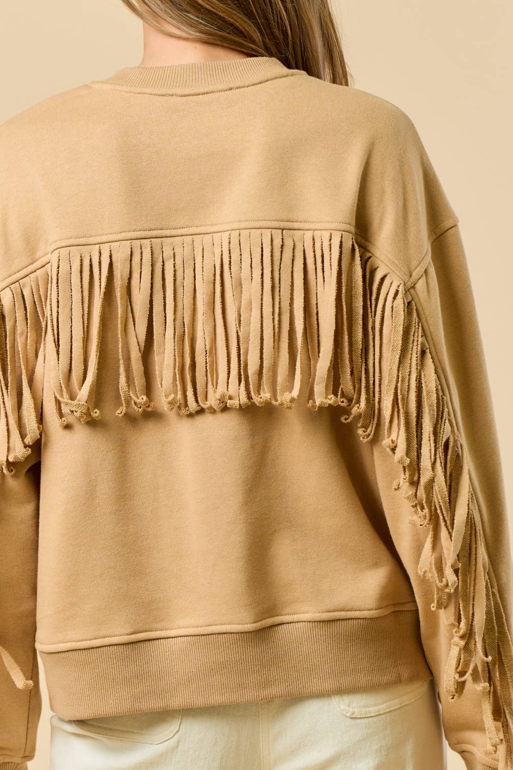 LT TAUPE ILT6356 Crew Neck Long Sleeve French Terry Top with Fringe for wholesale on Faire1