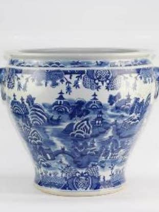 China Bowl Planter, Chinoiserie Blå og Hvid Canton Scene for engroshandel hos The French Bee & Co