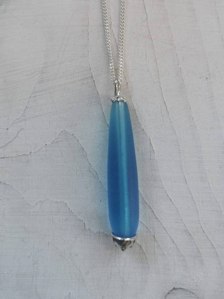 Blue Seaglass Long Pendant Necklace for wholesale by Blue Marble Jewellery