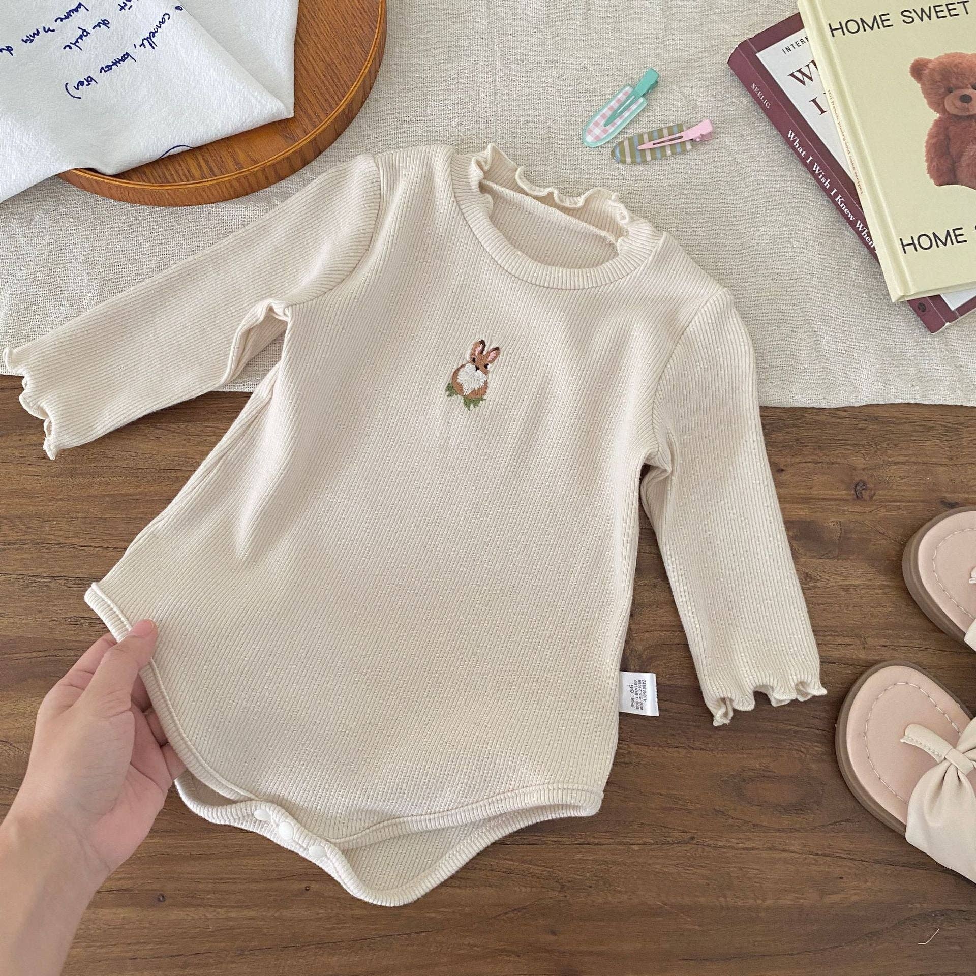 Beige Autumn Arrival Baby Girls Long Sleeves Simple Rabbit Embroidered bodysuit for wholesale on Faire4