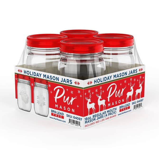 16oz Christmas Jar with Santa & Snowflake, Red Lid - 4 Pack for wholesale by Pur Mason
