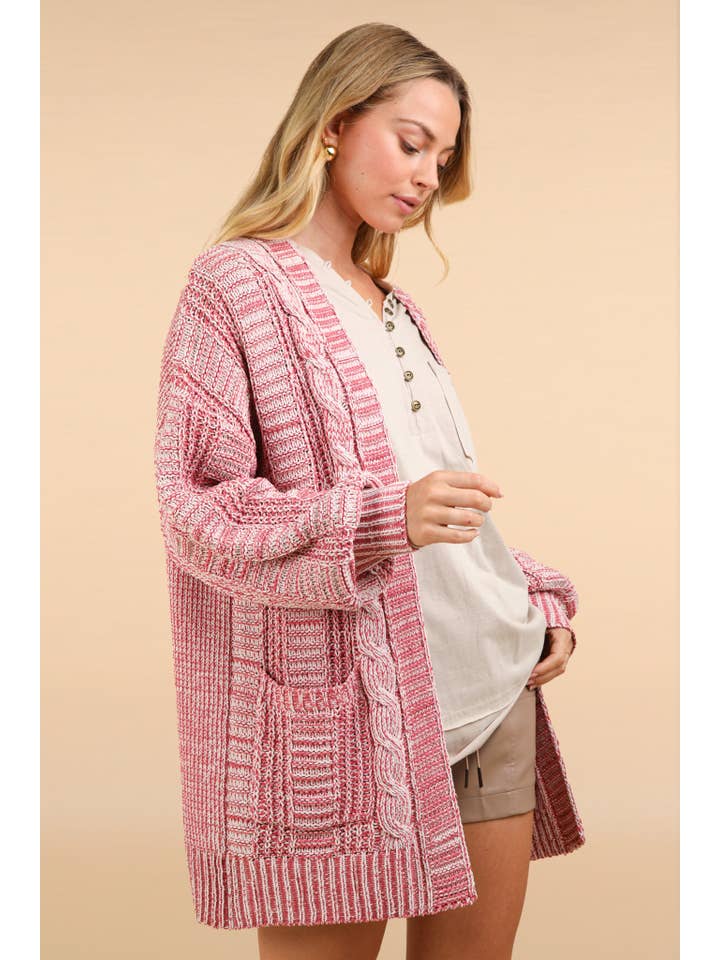 VERY J - Wholesale Cardigan - Women's - 12W3094N-Two Tone Knit Oversized Sweater Cardigan W/ Pockets