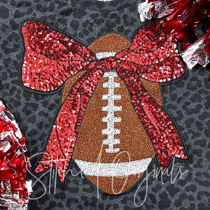 Football with RED sequin Bow Patch, Custom 10” Football for wholesale by Stitched Originals