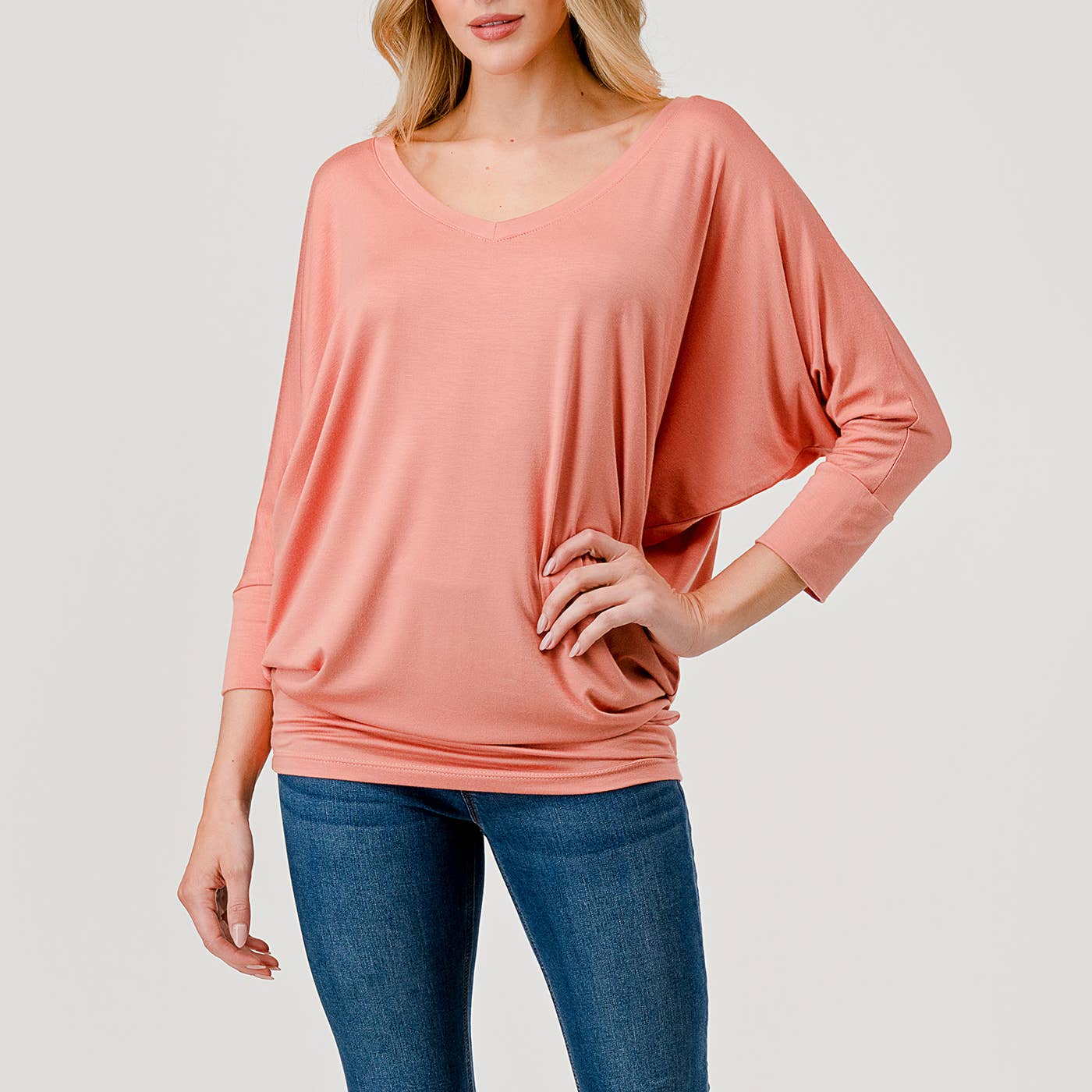 Heimious - Wholesale Knit Top - Women's - 3/4 Dolman Sleeve V-neck Modal Jersey Top, 257391
