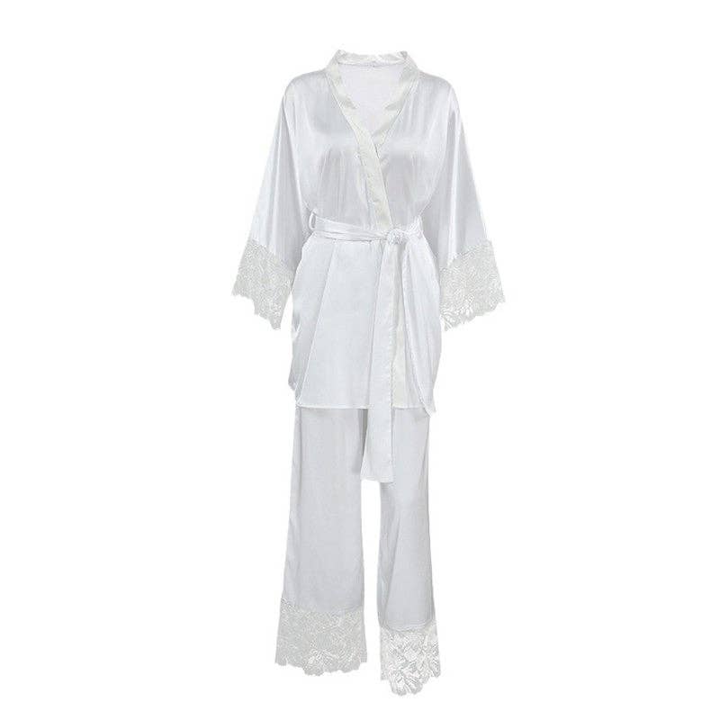WHITE Tie-Waist Lace Robe and Pants Pajama Set for wholesale on Faire3