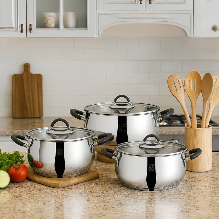 Multi Colored Serenk Modernist Stackable 6 Pieces Stainless Steel Cookware Set for wholesale on Faire3