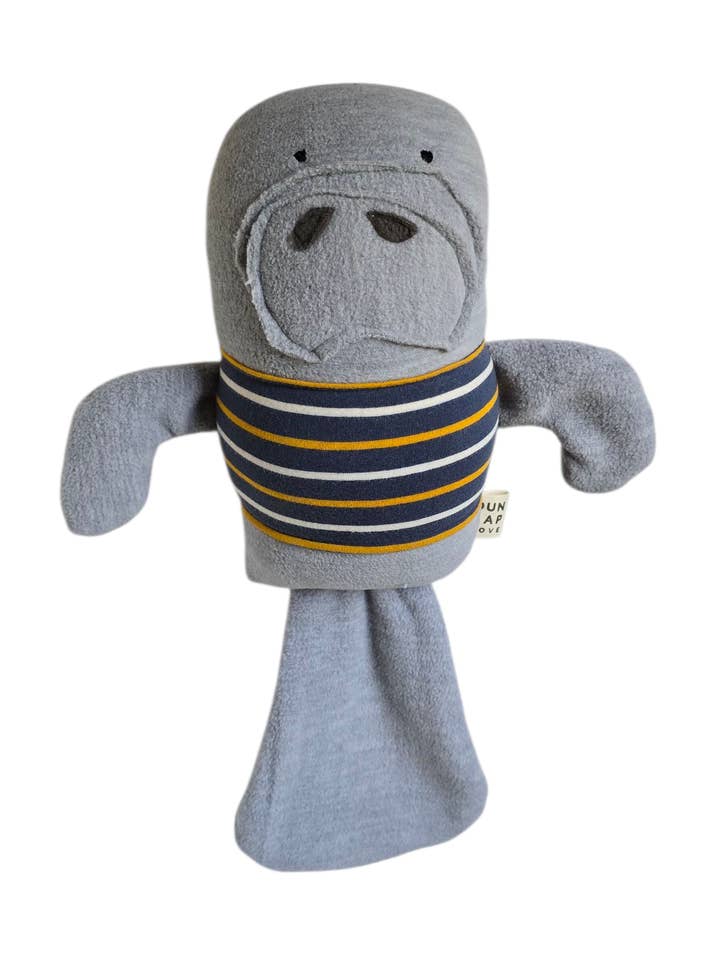 Louie the Manatee, handmade plush toy for wholesale by Dunlap Love