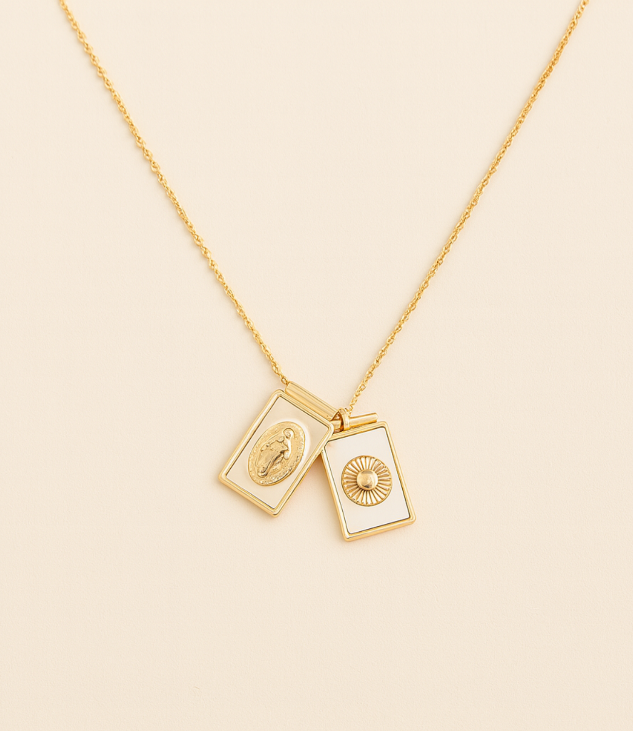 PHOEBE´S - Wholesale Pendant/Charm Necklace - Mother-of-Pearl Scapular with Our Lady and Sacred Heart – Double Necklace in Gold3