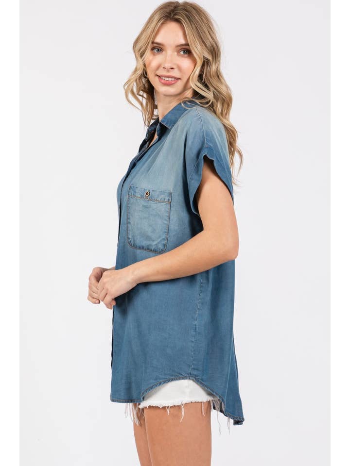 ZiA Apparel - Wholesale Button Down Shirt - Women's - Washed Roll Up Short Sleeve Shirt 2