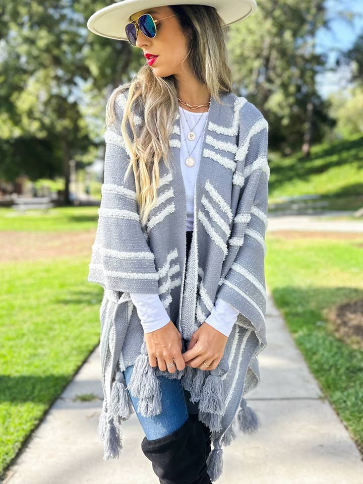 Grey Western Textured Pattern With Chunky Tassel Cardigan for wholesale on Faire