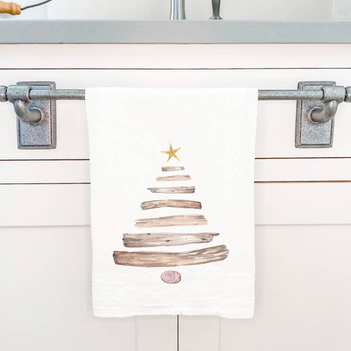 Cottage Shore - Wholesale Tea Towel - Driftwood Christmas Tree - Customizable Cotton Tea Towel