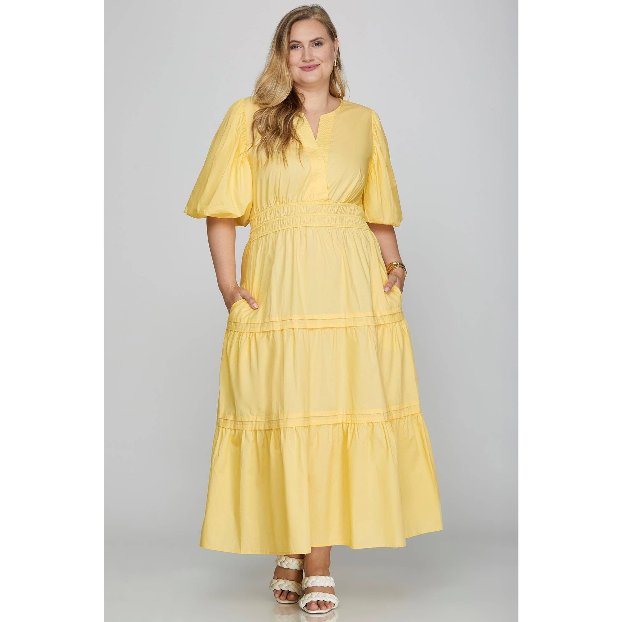 Curve Market - Wholesale Dress - Women's - PLUS SIZE POPLIN V NECK BALLOON SLEEVE WITH POCKETS TIERED M7