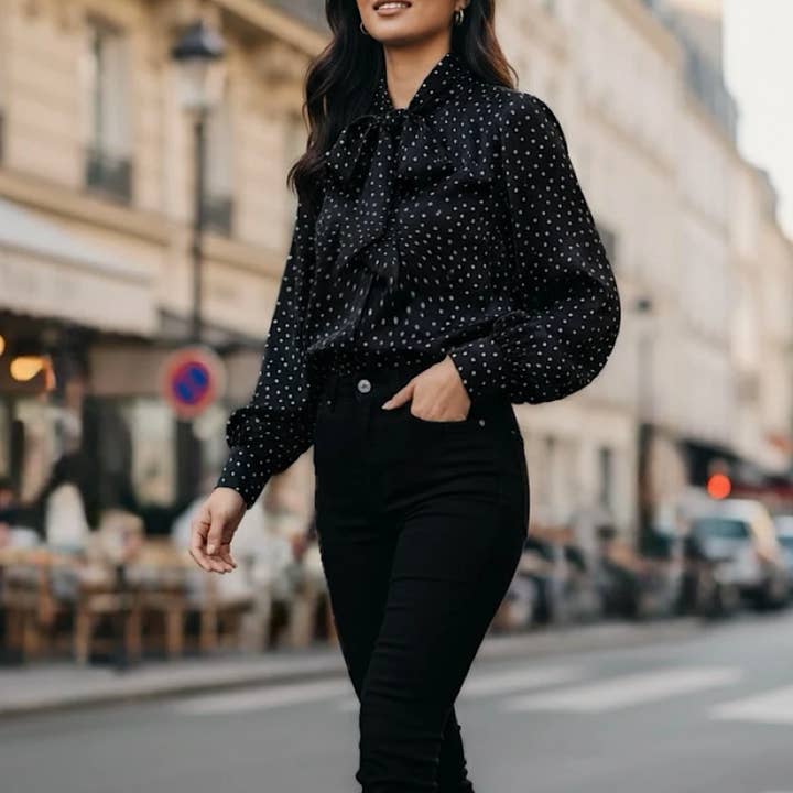 ELBLBK Italian One Size Black Polka-Dot Satin Bow-Tie Blouse for wholesale by LOOWIE